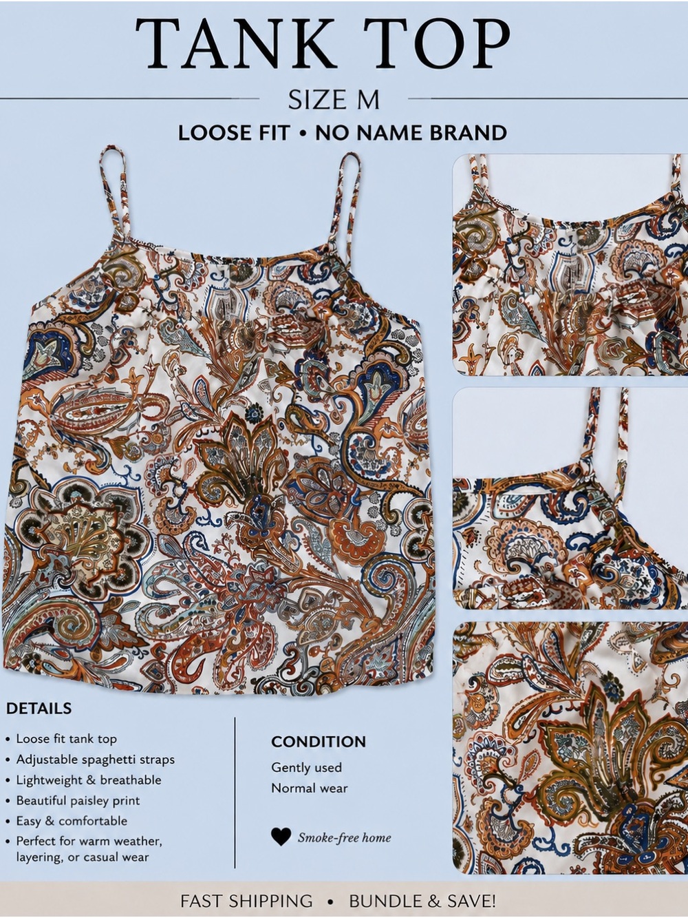 No Name Brand Women's Paisley Tank Top - White with Brown & Blue Print